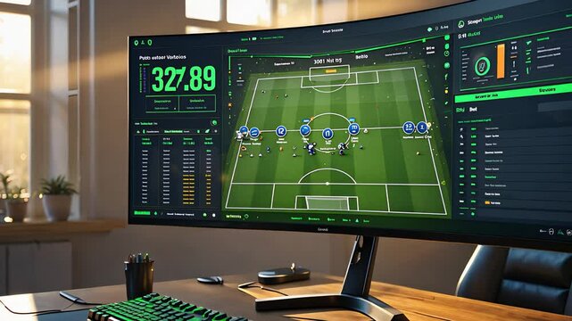 Modern desktop with ultra-wide monitor displaying soccer analytics software and data visualization in home office

 - Powered by Adobe