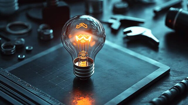 Illuminating Ideas: Close-Up of a Glowing Filament Bulb on a Dark Surface