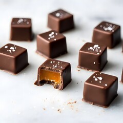 Caramel-Filled Chocolate Squares – Bite-sized chocolate squares with golden caramel oozing from the center, dusted with sea salt.