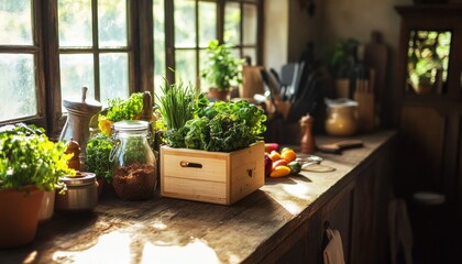 Bright Kitchen Counter with Fresh Vegetables and Compost Bin for Scraps
