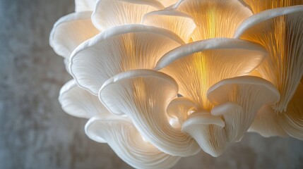 Close-up of white mushrooms forming a decorative light fixture against a textured wall