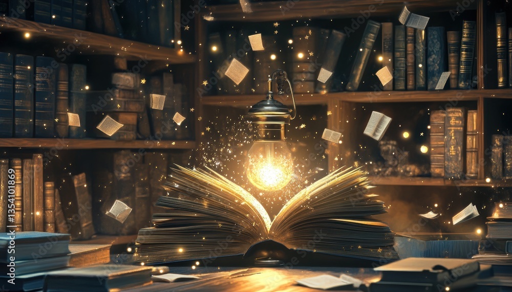 Poster enchanted library with glowing books and magical floating pages