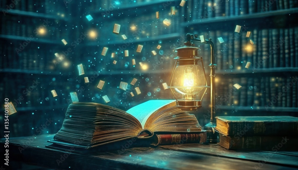 Poster enchanted library with floating books and glowing lantern in magical setting