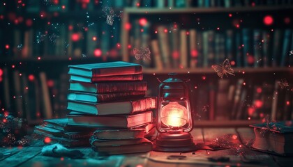 Enchanted Library Corner with Floating Books and Magical Lantern Glow