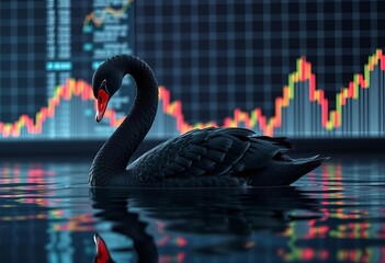 Black swan subtly visible behind fluctuating stock market graph,  data,  analysis © Pimchada