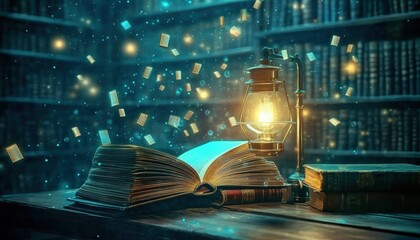 Enchanted Library with Floating Books and Glowing Lantern in Magical Setting