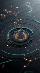 Obraz premium A vibrant abstract creation with concentric circles and shimmering dots radiating from the center, blending technology and creativity in a dark setting