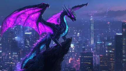 Fototapeta premium Dragon overlooking neon city at night; fantasy art