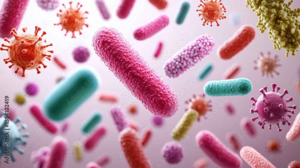 Poster a vibrant close-up illustration of colorful bacteria and viruses floating on a soft background depic