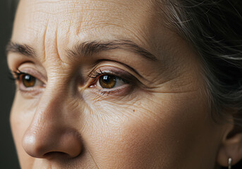 A close-up of a mature woman's face reveals her wrinkles and skin texture around the eyes.