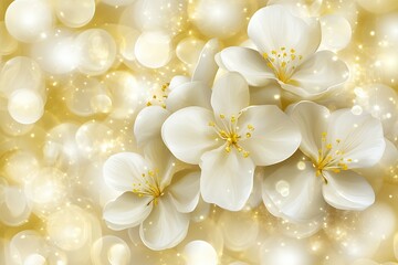 A cluster of white blossoms with golden centers on a shimmering golden background