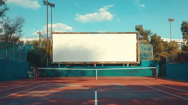 Empty tennis court with large blank billboard and blue sky background. Use this space for ads, sports events, or special announcements.