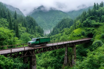 Fototapeta premium Green Truck on Rustic Bridge High Above Misty Green Valley