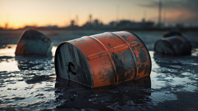 Rusty orange barrel partly submerged in dark liquid, industrial background at sunset, depicting environmental pollution and industrial waste - Powered by Adobe