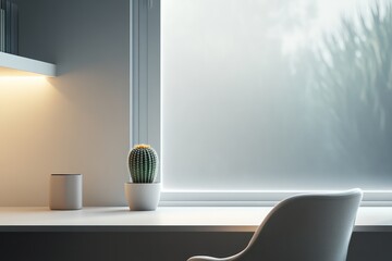 A clean office desk setup featuring a small cactus, a minimalist chair, and soft light illuminating the space from the large window