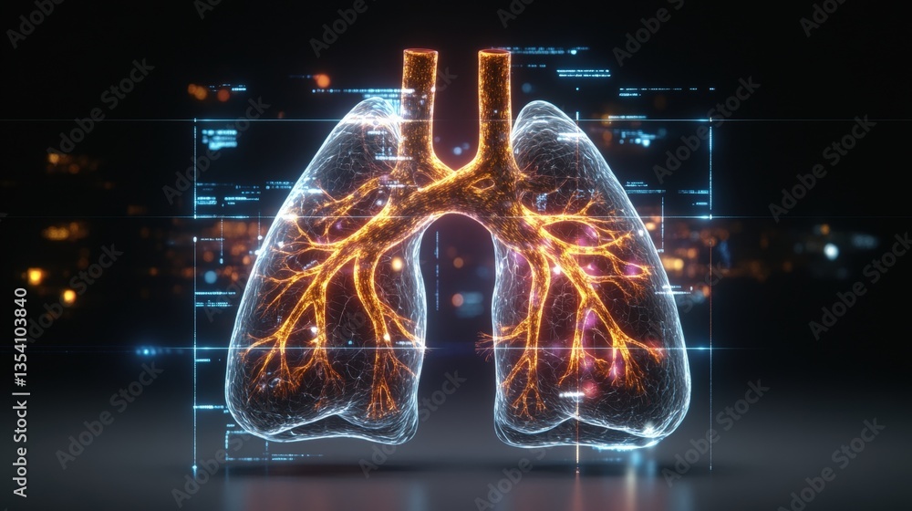 Poster a digital rende of lungs illuminated with orange and blue lines on a translucent data screen against