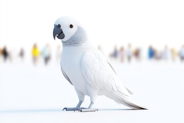 White parrot on a white background.  A digitally rendered, full-body view of a pure white parrot, standing on a plain white surface. 