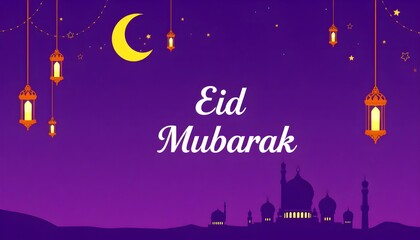 A festive background featuring a crescent moon adorned with stars, elegant lanterns hanging from above, and silhouettes of mosques. The text "Eid Mubarak" is prominently displayed in stylish typograph