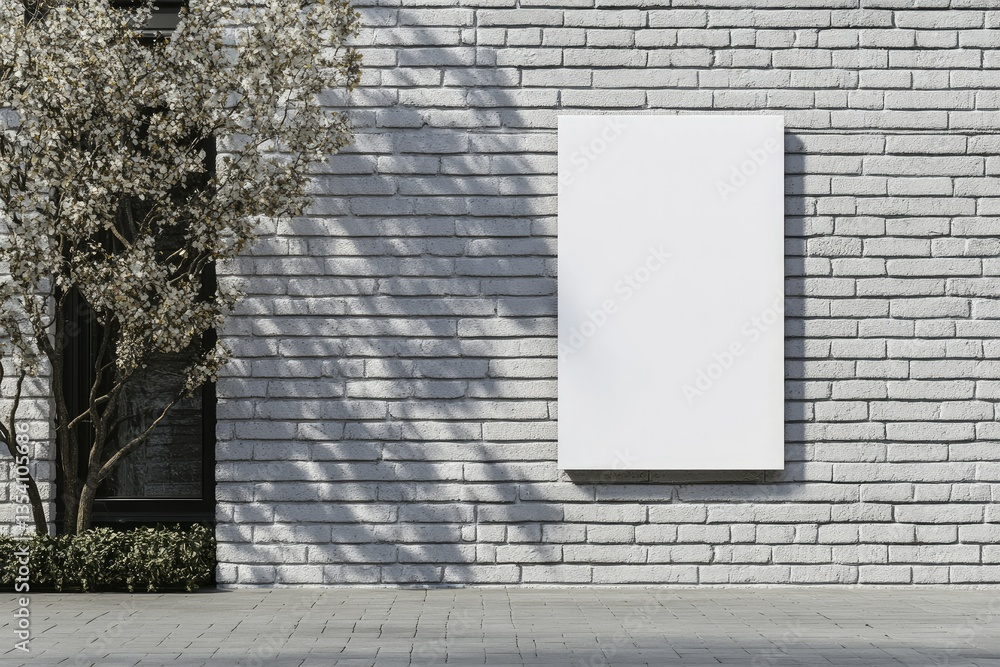Poster vibrant image of empty banner on white brick wall background mock up 3d rendering