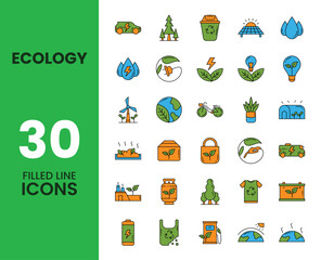 Ecology icon set with filled line style