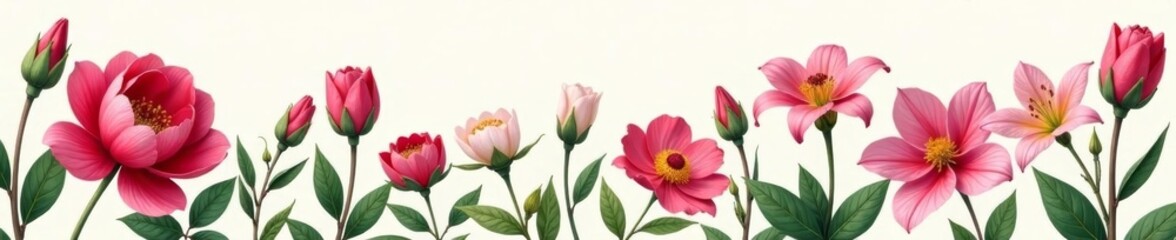Obraz premium Botanical illustration of various spring flowers such as roses, lilies, and peonies in full bloom, roses, colorful
