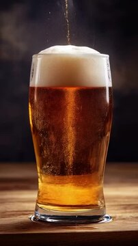 Beer pouring into glass, refreshing mood, beverage advertisement, dark background