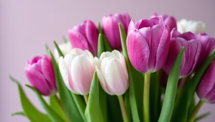 Fototapeta premium Bouquet of assorted purple and white tulips, fresh flowers arrangement, arrangement, fresh, vibrant