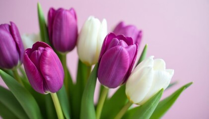 Naklejka premium Bouquet of assorted purple and white tulips, fresh flowers arrangement, arrangement, white