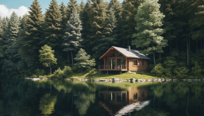 Serene Lakefront Cabin in Lush Deciduous Forest with Expansive Views and Peaceful Ambiance – Generative AI