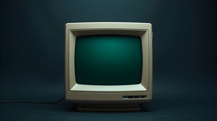 Old computer monitor showing green screen on dark background