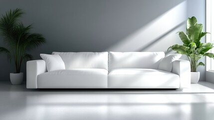 Modern minimalist living room with a white sofa and plants.  Bright, airy space with natural light streaming in