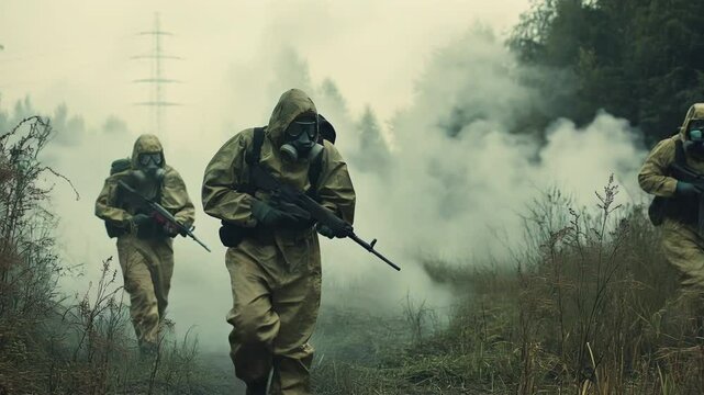 Soldiers in hazmat suits and gas masks patrolling a contaminated area	
