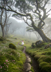 Fairy in white running through a misty forest scene beside a path which weaves through the landscape.