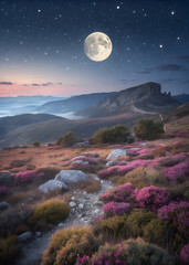 Magical landscape with a path leading through purple heather to the mountains beyond and a large moon hanging in the sky.