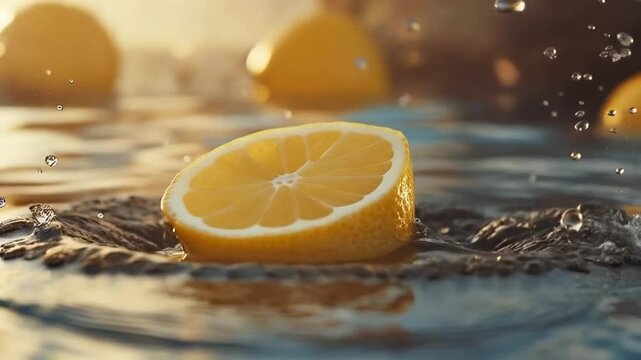 Lemon splash, refreshing mood, macro photography, water droplets background