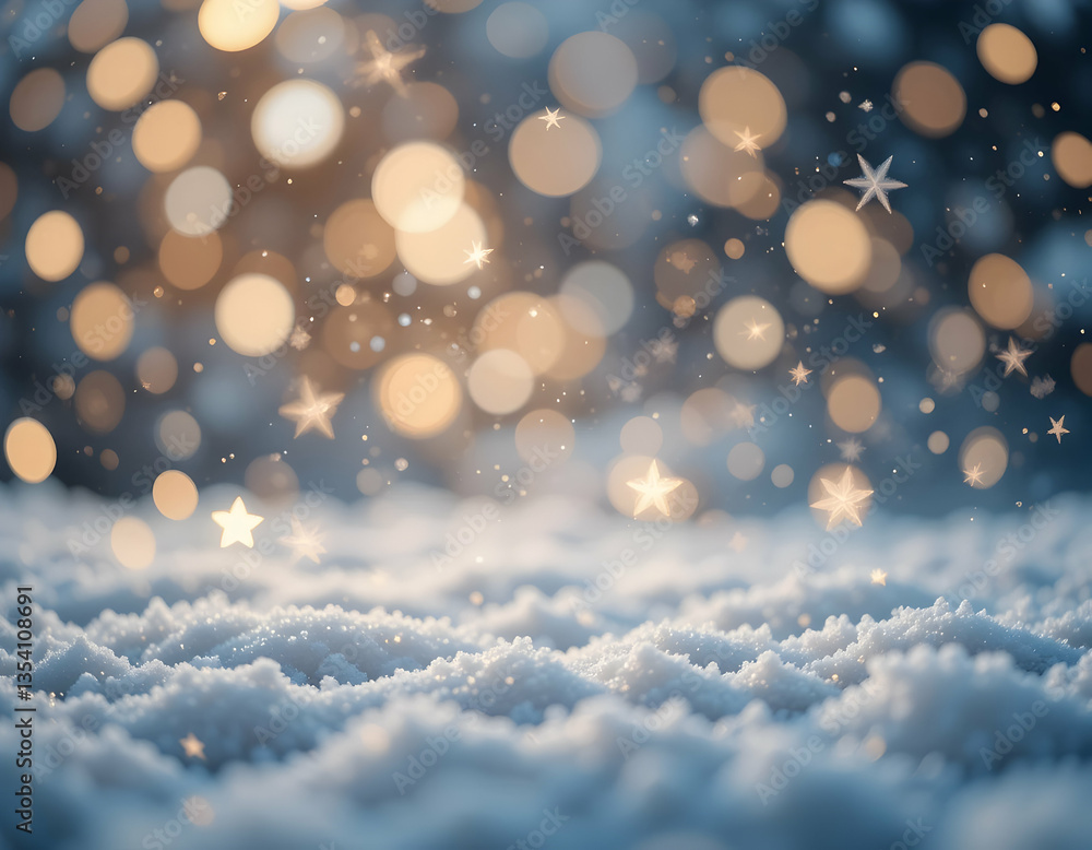 Poster snowy surface with soft bokeh lights and star shapes background
