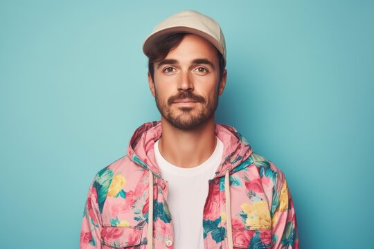 A man wearing a floral print jacket and a white hat is smiling for the camera