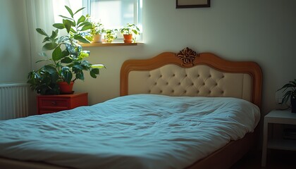 A bedroom interior with a large bed and potted plants