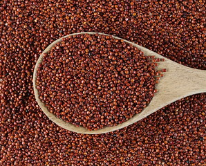 Pile red quinoa in wooden spoon background and texture