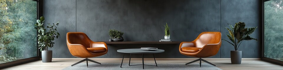 Stylish Modern Living Room with Brown Chairs and Indoor Plants