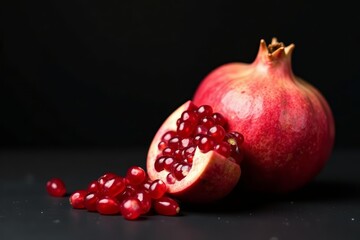Fresh pomegranate with vibrant red seeds on black background, ripe, close-up, dark