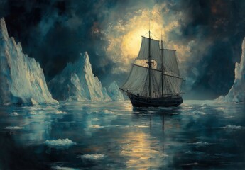 Sailing ship sailing on icy waters through arctic icebergs.