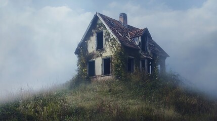 Fototapeta premium Enigmatic Abandoned House Shrouded in Mist