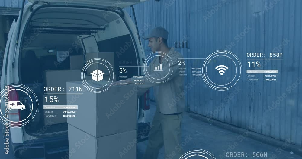 Poster loading boxes into van, delivery worker with animation of digital data graphics