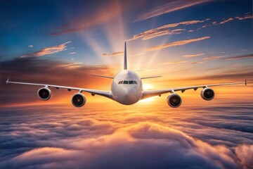An airplane flying above the clouds during sunset, with the sun illuminating the aircraft, symbolizing air travel, adventure, and exploration in a beautiful, dramatic setting