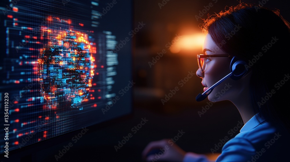 Poster young woman wea headset focuses on computer screen displaying digital rende of glowing human face ma
