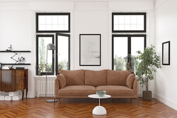 living room with brown sofa, white walls