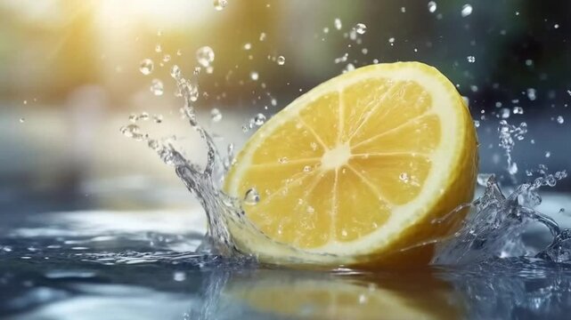 Advertising photo, lemon in motion, dynamic splash, refreshing background