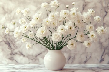 White ranunculus flowers elegantly arranged in a pristine white vase