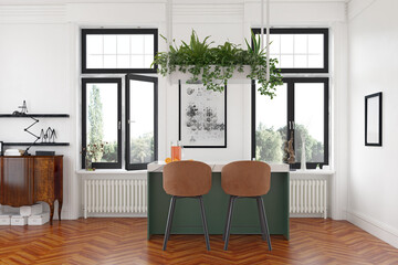 Cozy living room with brown sofa, white walls, and large windows.